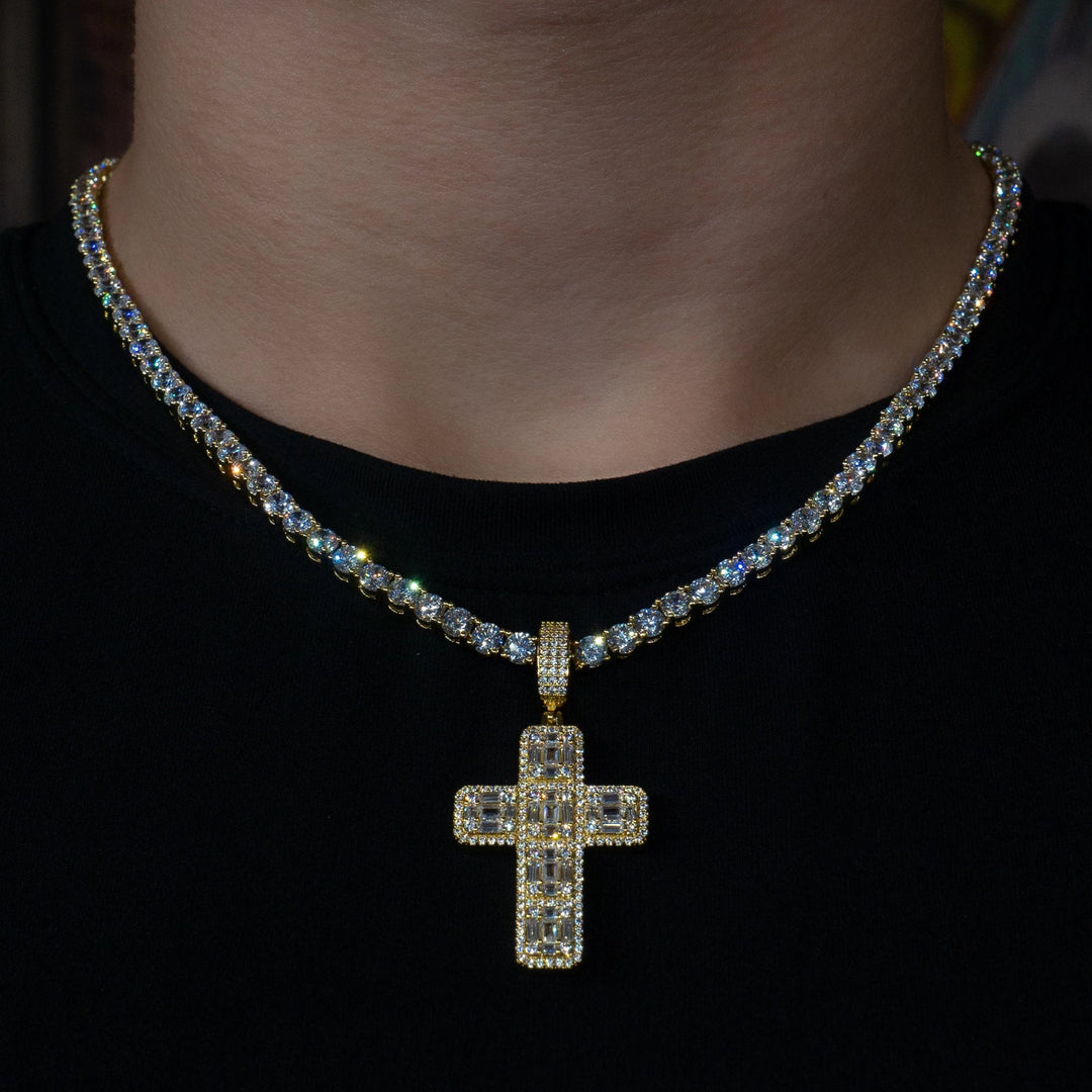 Iced Baguette Cross in Yellow Gold in 18K Yellow Gold | SKRT® · male-model