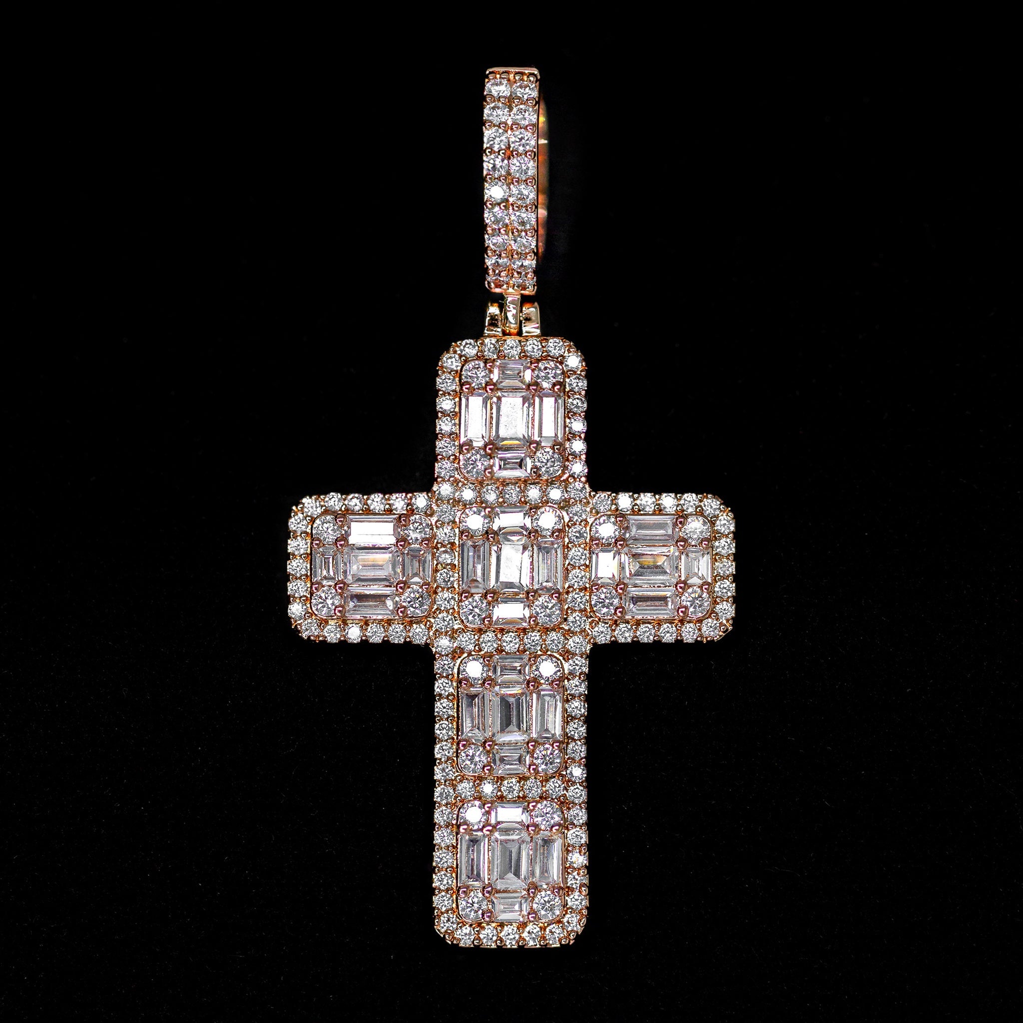 Iced Out Baguette Diamond Cross in Rose Gold | SKRT® · male-model