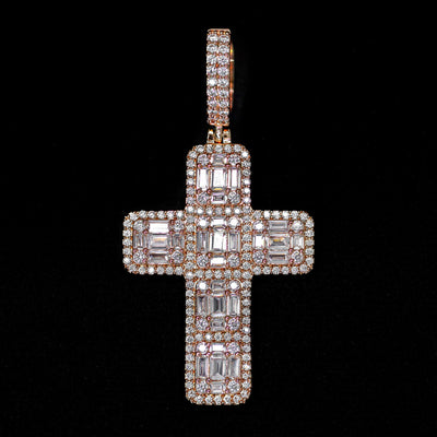 Iced Out Baguette Diamond Cross in Rose Gold | SKRT® · male-model
