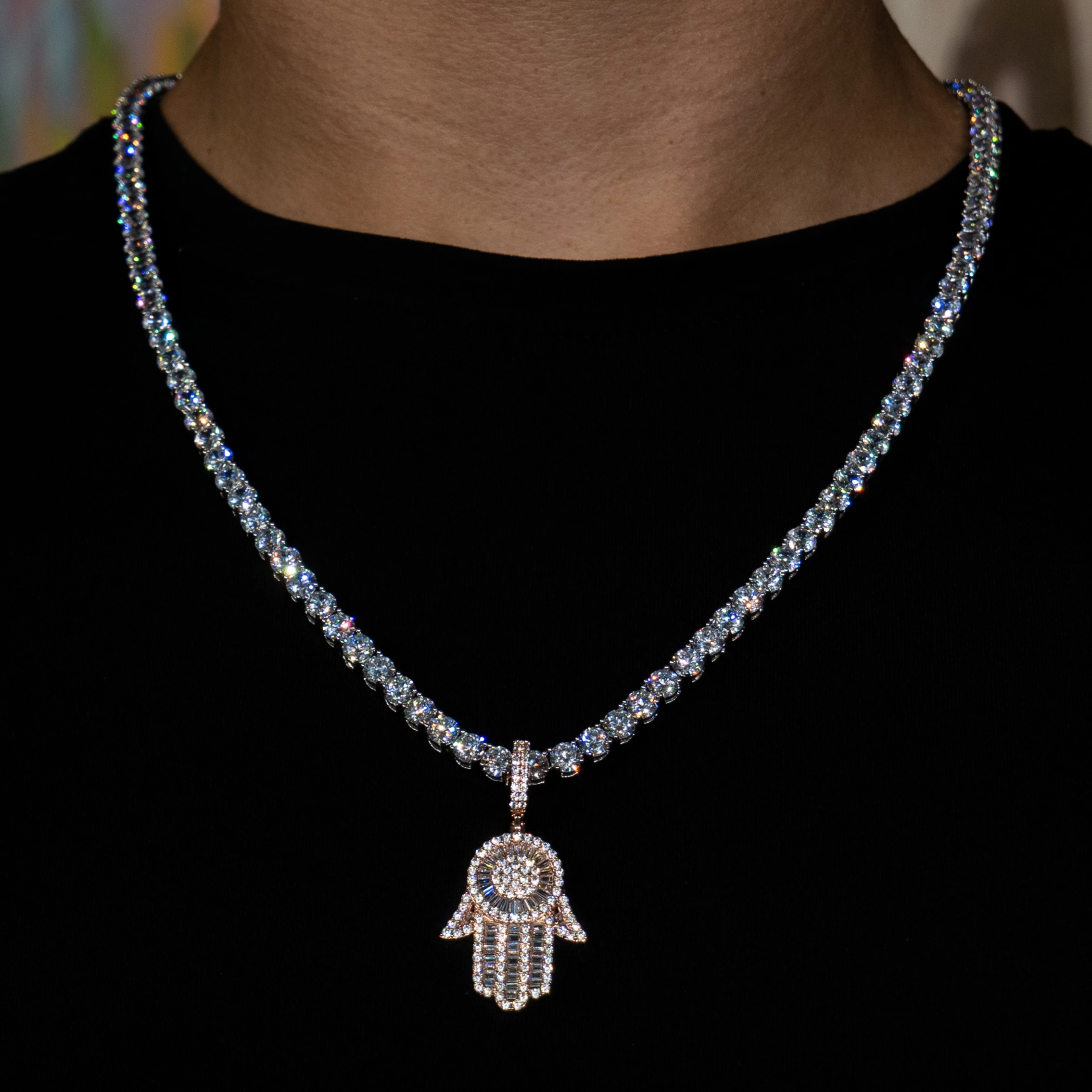 Iced Out Baguette Hamsa Hand in Rose Gold | SKRT® · male-model