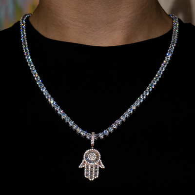 Iced Out Baguette Hamsa Hand in Rose Gold | SKRT® · male-model