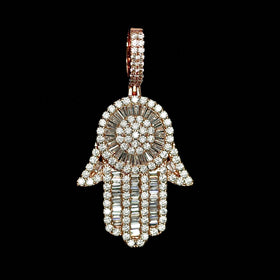 Iced Baguette Hamsa Hand Pendant in Rose Gold