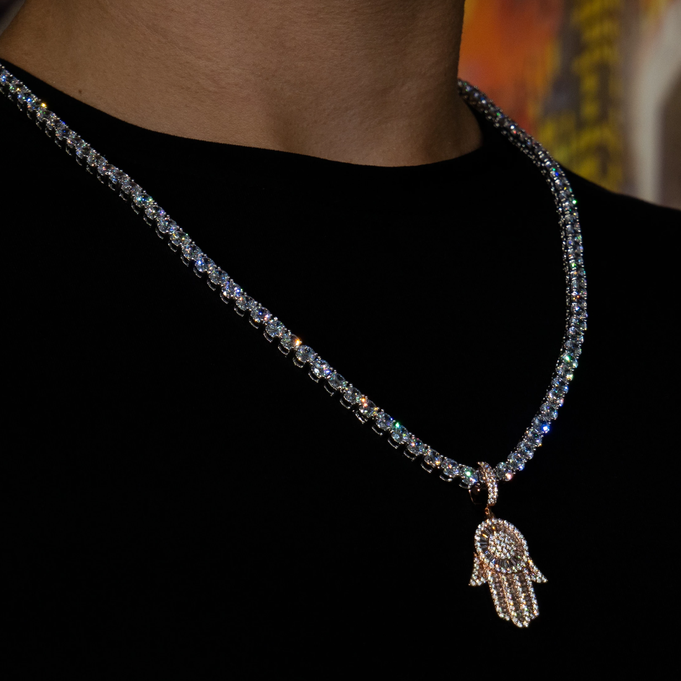 Iced Out Baguette Hamsa Hand in Rose Gold (view 4 of 6) · male-model