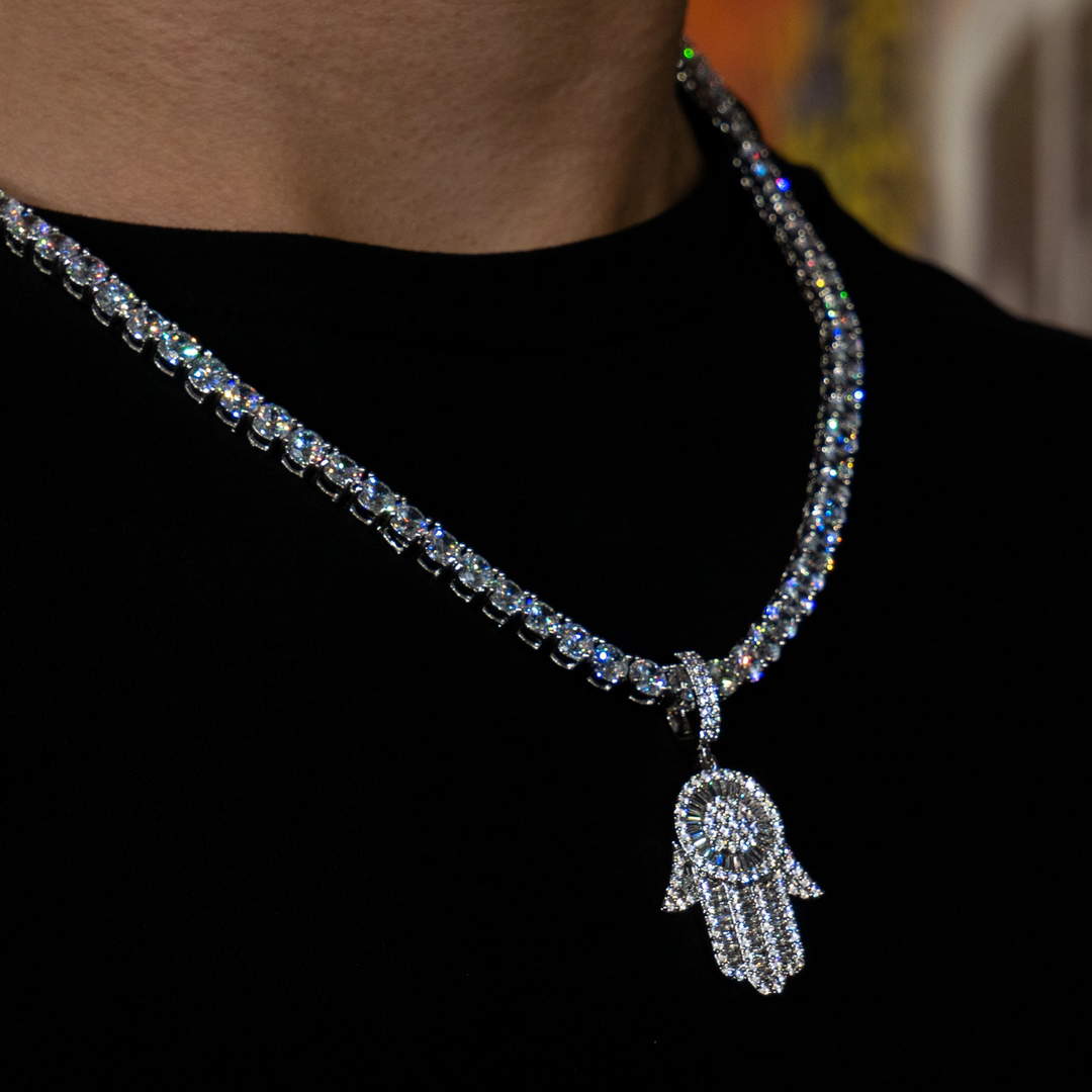 Iced Baguette Hamsa Hand in White Gold | SKRT® · male-model