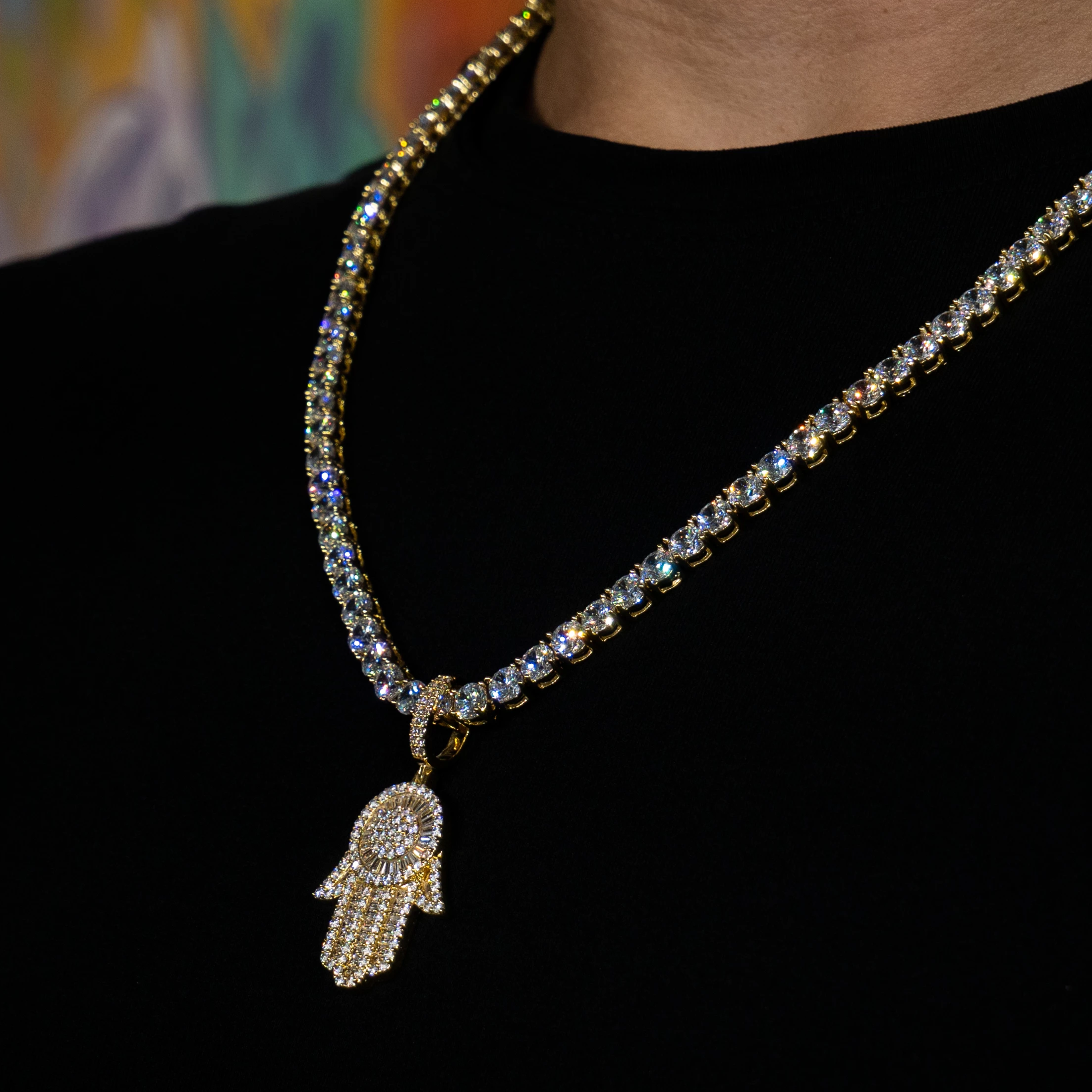 Iced Baguette Hamsa Hand in Yellow Gold (view 3 of 4) · male-model
