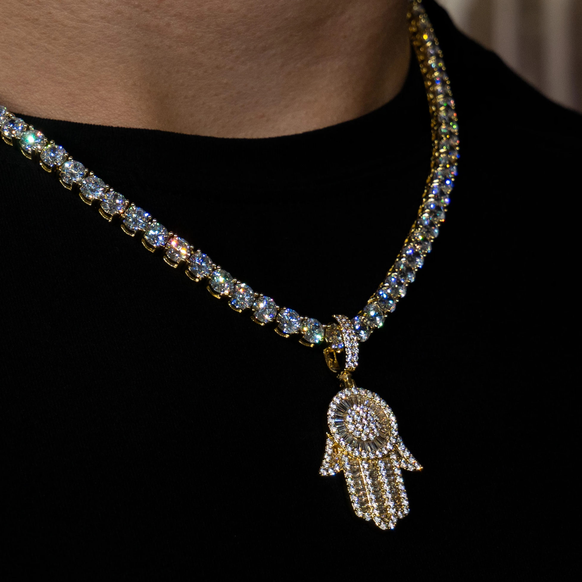 Iced Baguette Hamsa Hand in Yellow Gold in 18K Yellow Gold | SKRT® · male-model