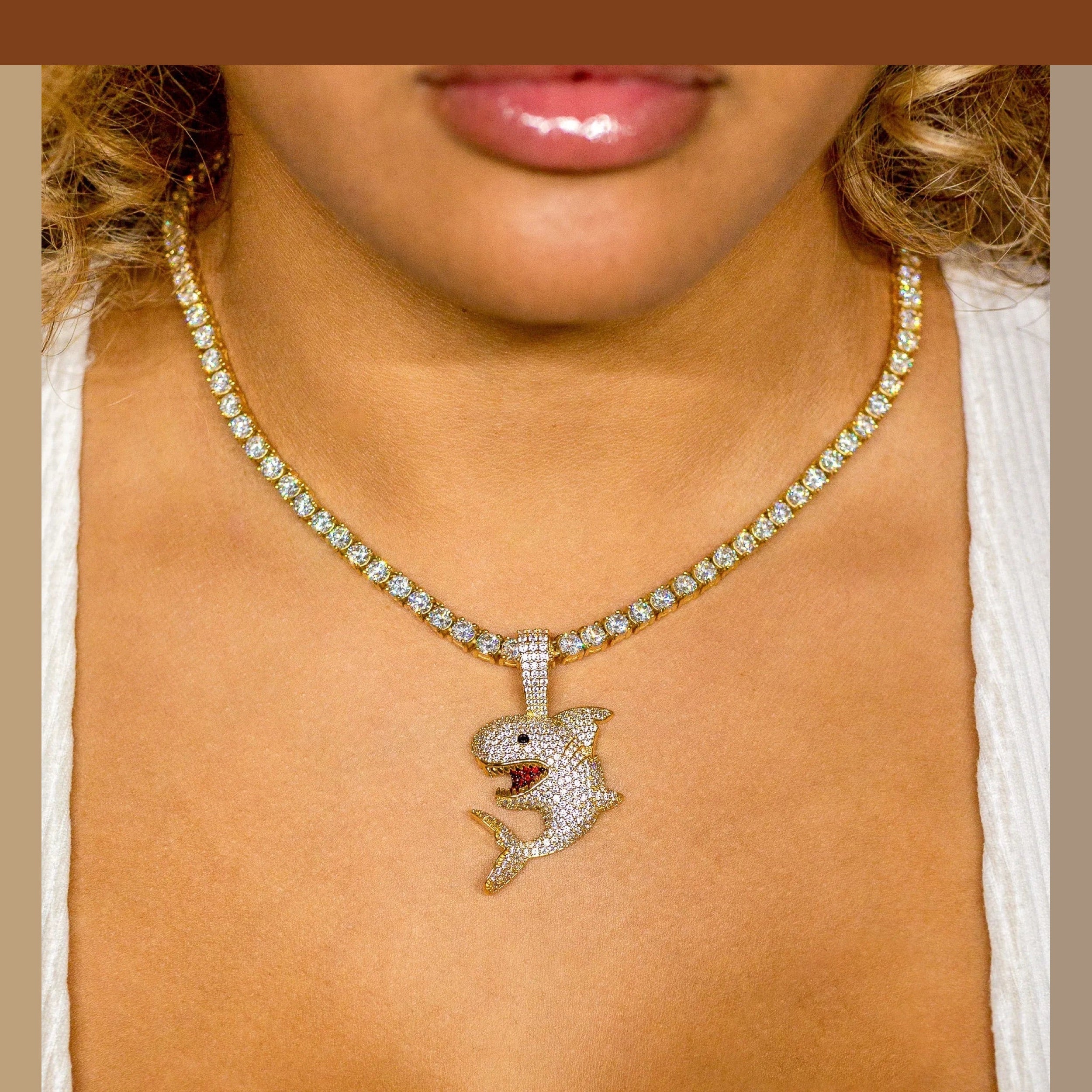 Iced Out Diamond Shark in 18K Yellow Gold - product image · male-model