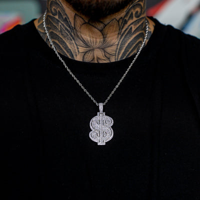 Iced Out Dollar Sign in White Gold | SKRT® · male-model
