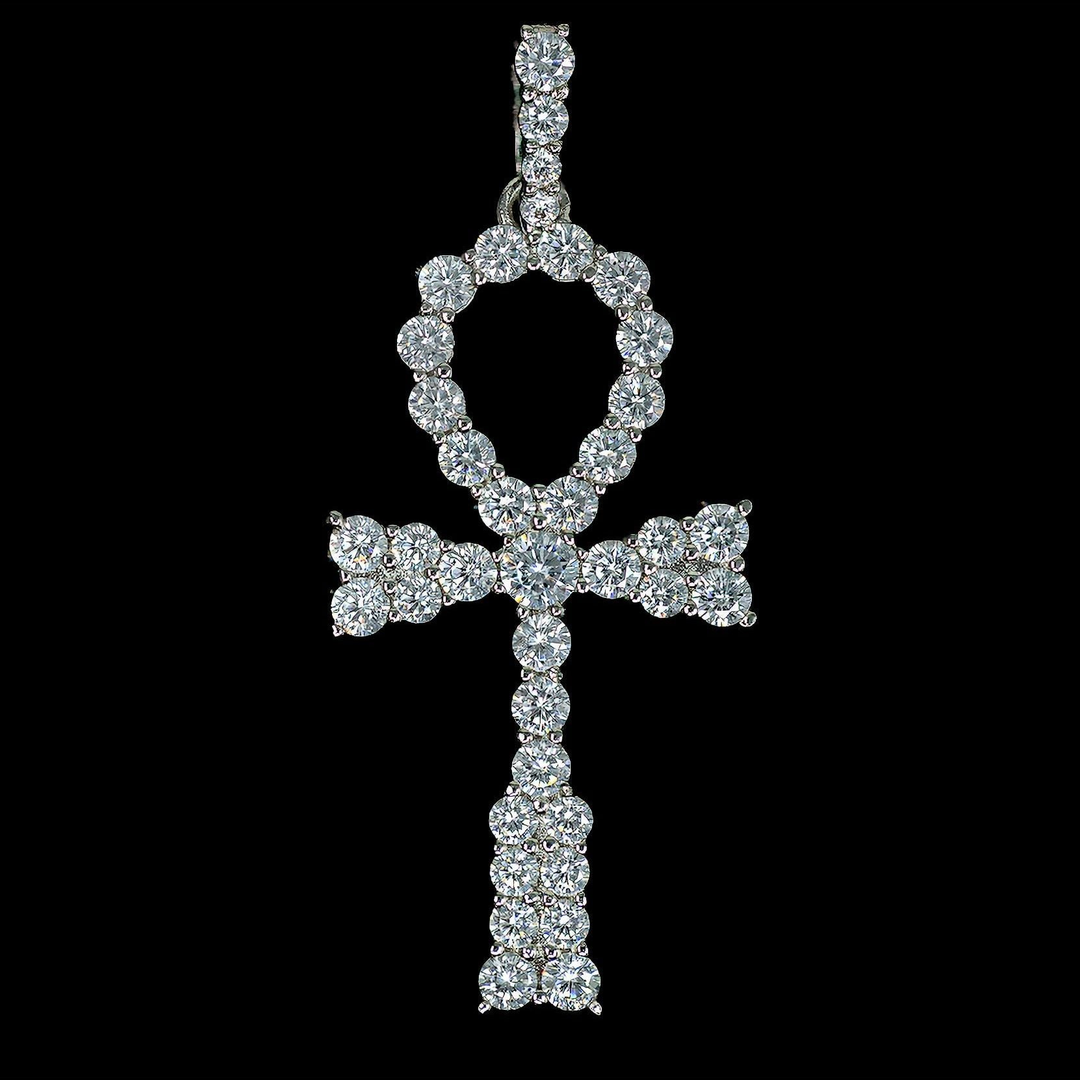 Iced Egyptian Ankh Cross Pendant - 18K White Gold · male-model