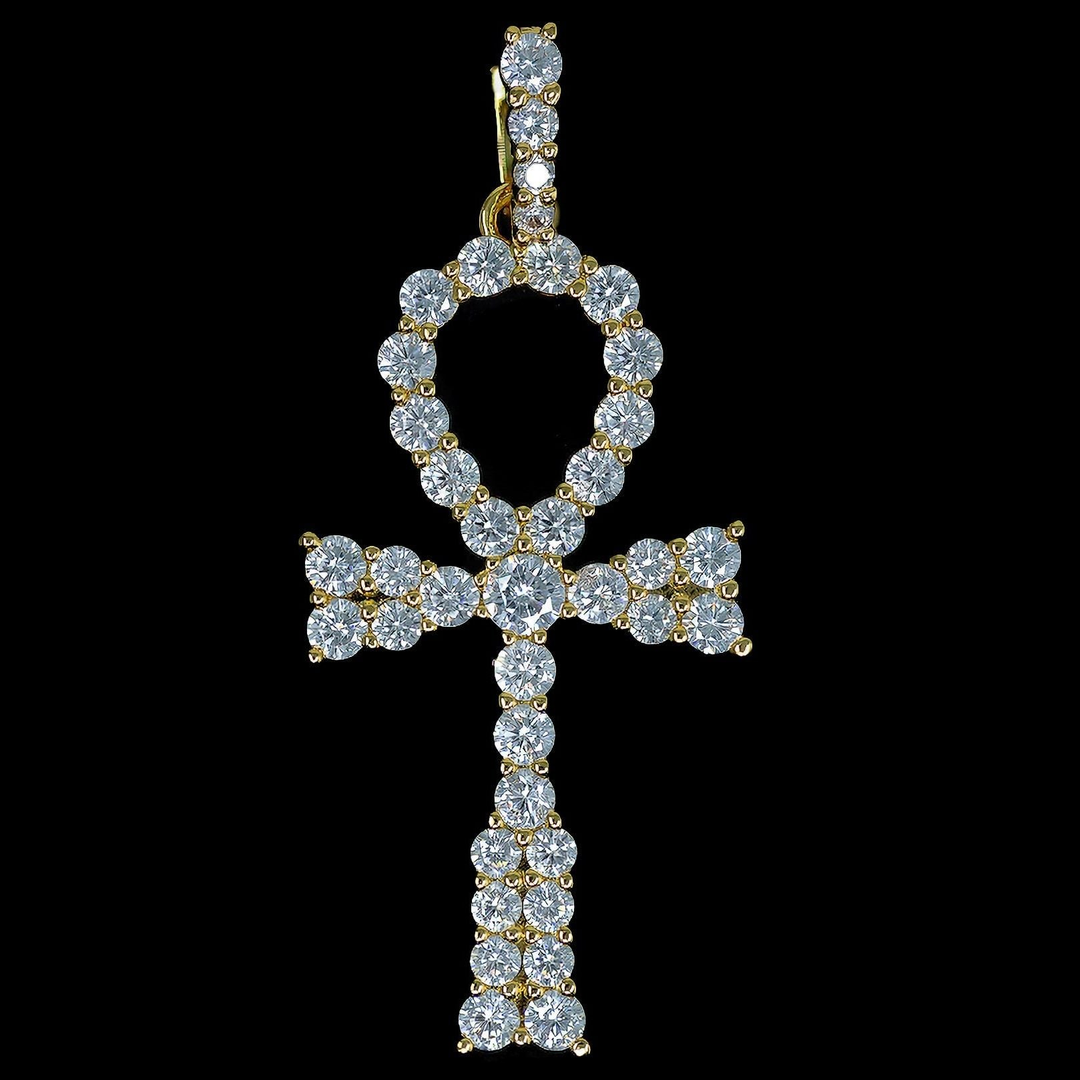 Iced Egyptian Ankh Cross Pendant - 18K Yellow Gold · male-model
