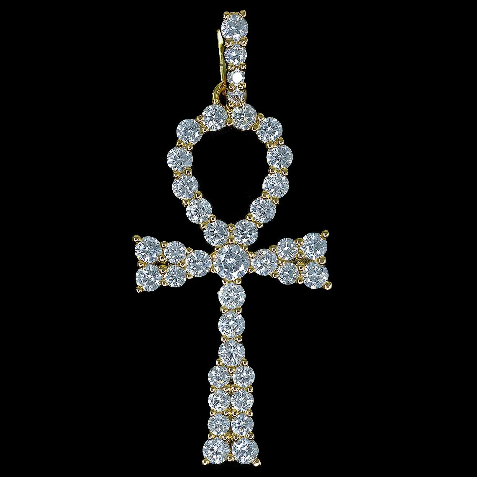 Iced Out Egyptian Ankh Cross Pendant - 18K Yellow Gold · male-model