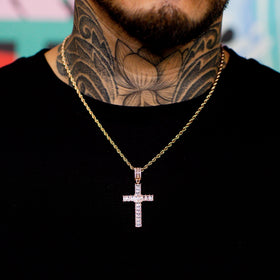 Iced Emerald Cross Pendant in Rose Gold