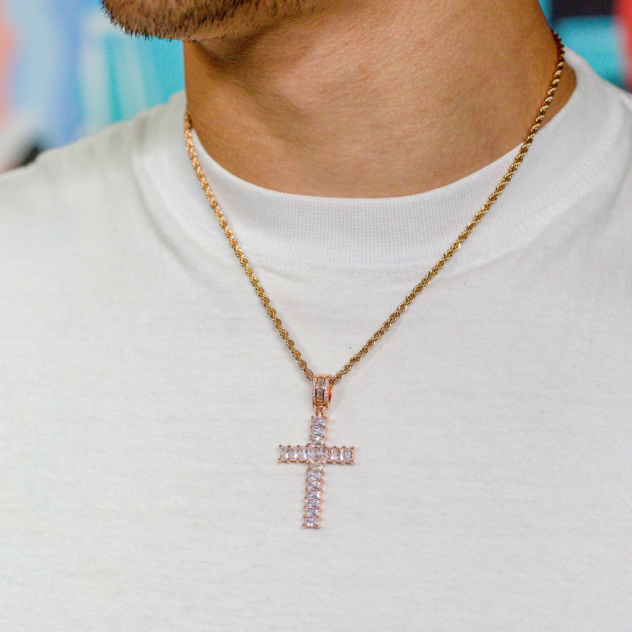 Iced Out Emerald Cross in Rose Gold (view 3 of 3) · male-model