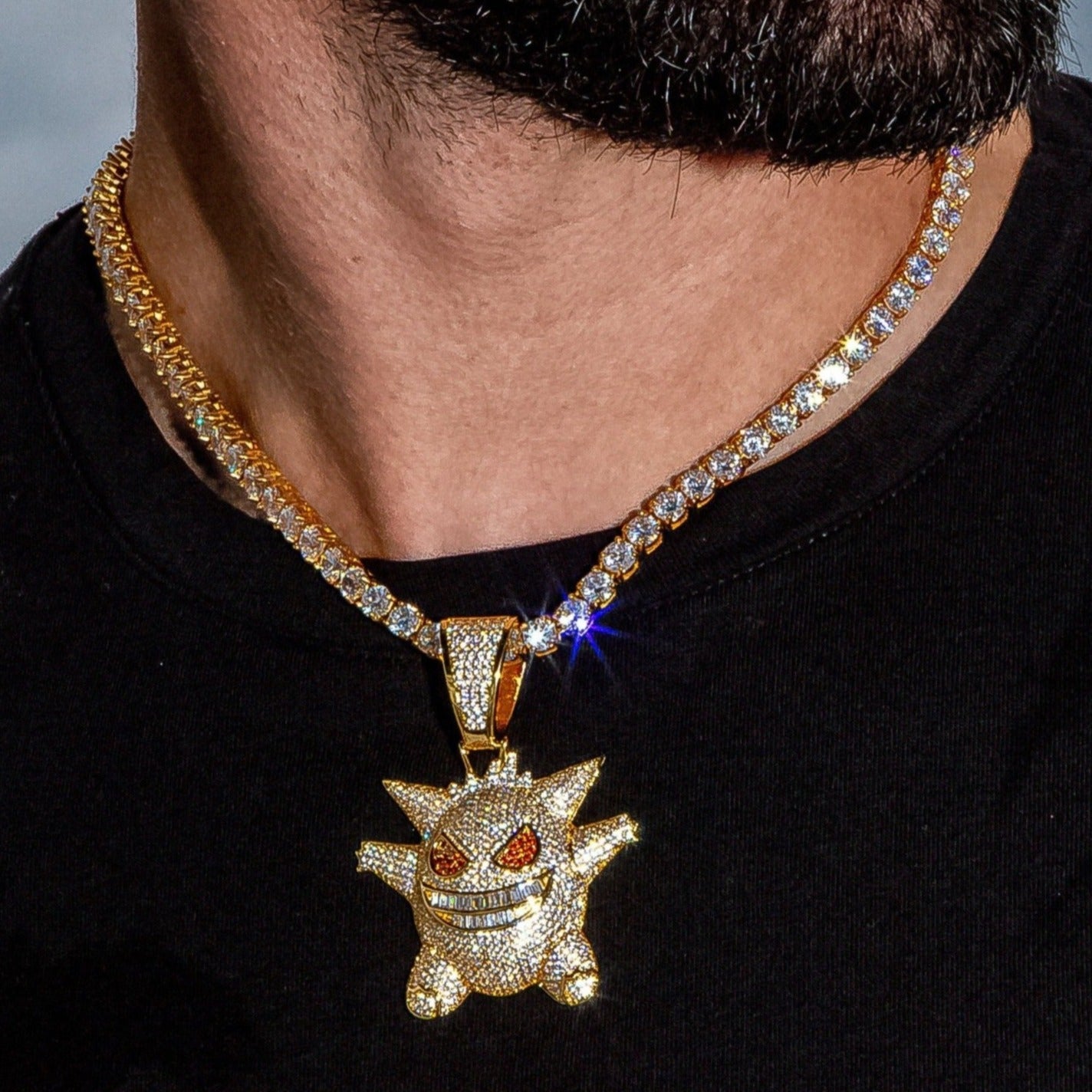 Iced Out Gengar Pokemon in Yellow Gold (view 3 of 4) · male-model