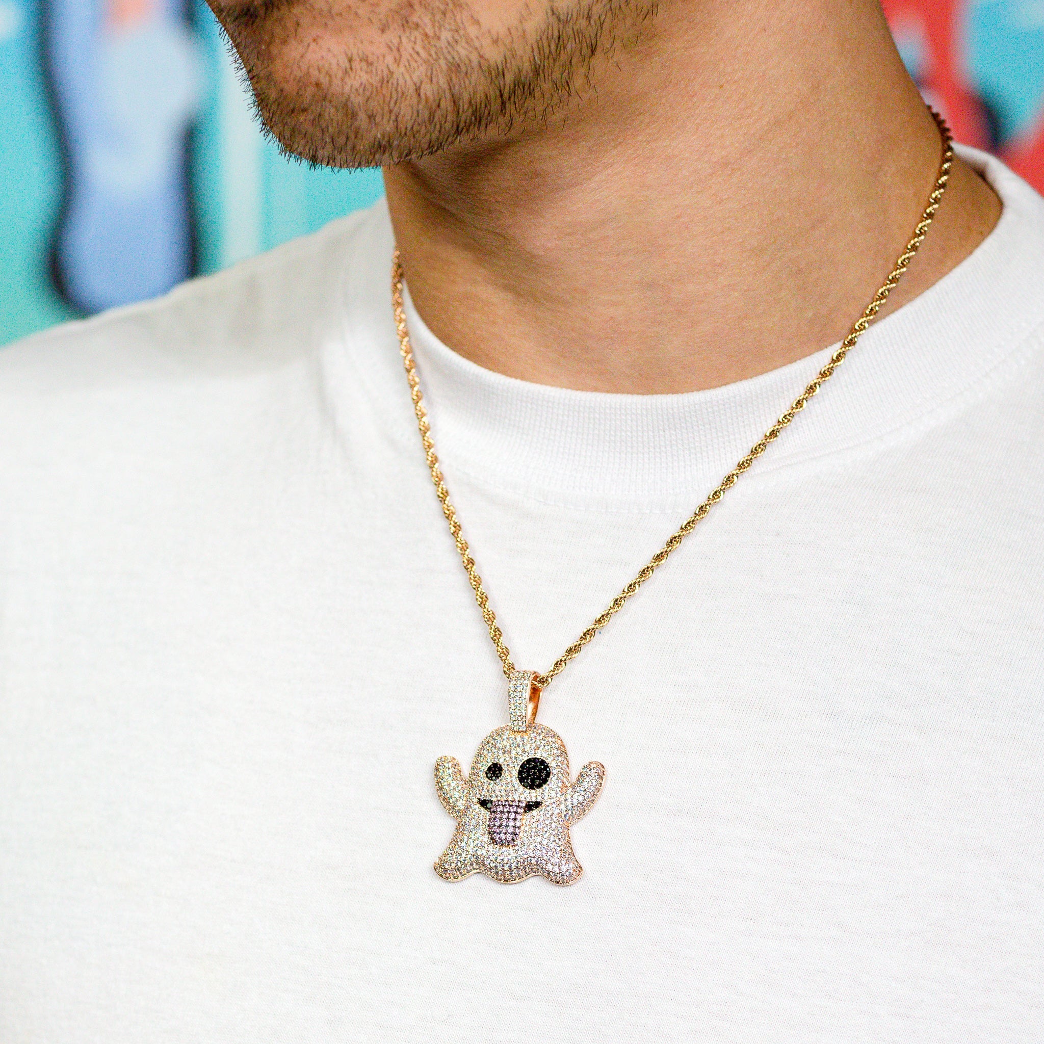 Iced Out Ghost Emoji in Rose Gold (view 3 of 3) · male-model
