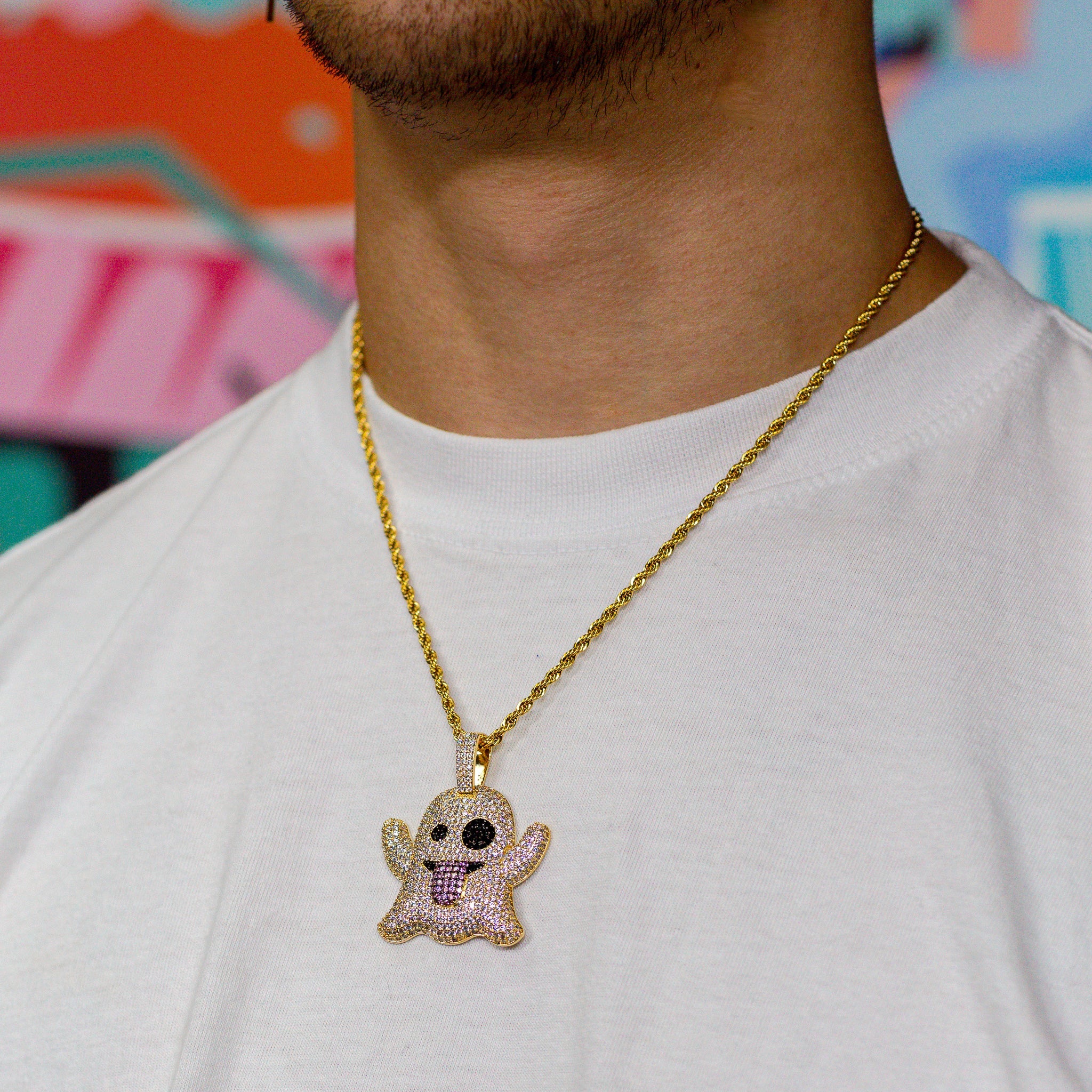 Iced Out Ghost Emoji in Yellow Gold (view 3 of 3) · male-model
