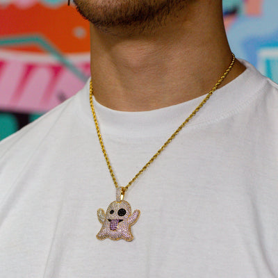 Iced Out Ghost Emoji in Yellow Gold (view 3 of 3) · male-model