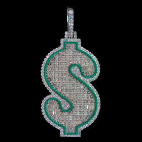 Diamond Green Dollar Sign Pendant in White Gold