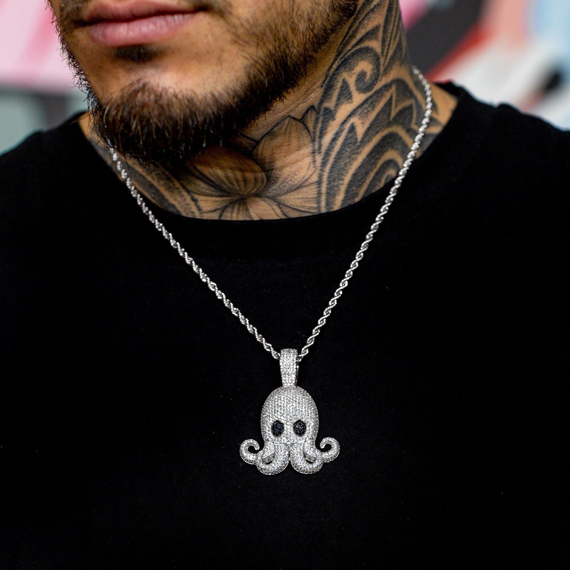 Iced Out Octopus Pendant in White Gold (view 2 of 3) · male-model