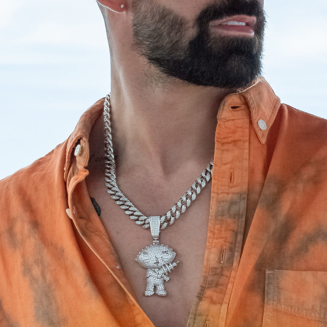 Iced Stewie Pendant - 18K White Gold · male-model