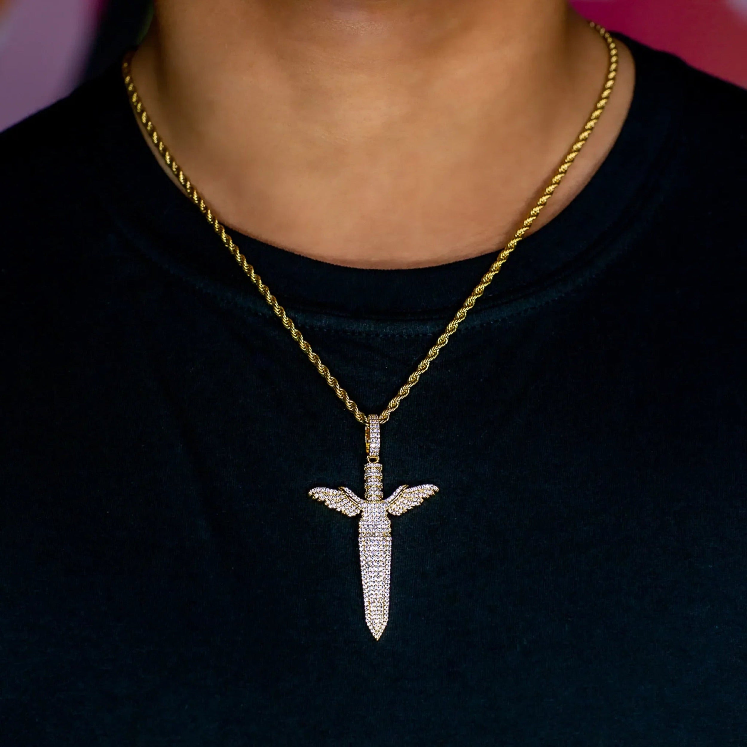 Iced Out Sword in Yellow Gold · male-model