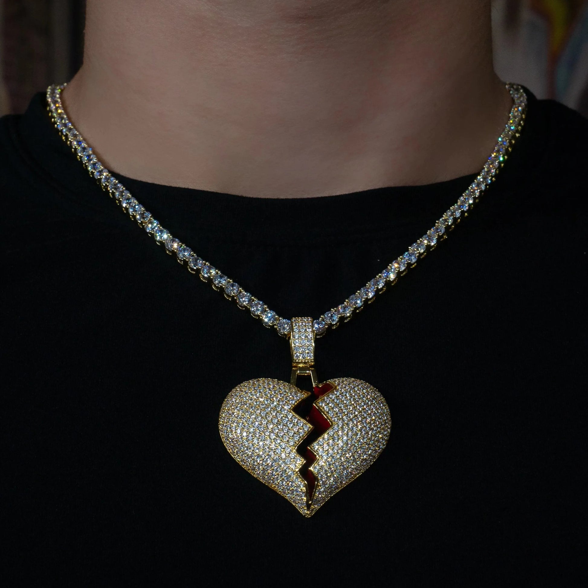 Iced Out Broken Heart In Yellow Gold