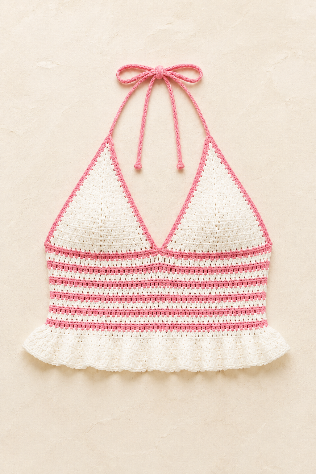 Pink/White Stripes Crochet Halter Top