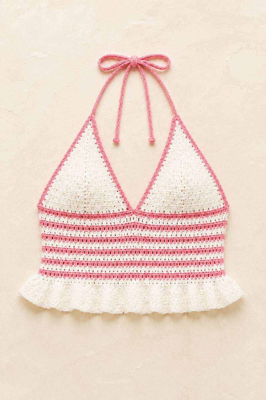 Pink/White Stripes Crochet Halter Top