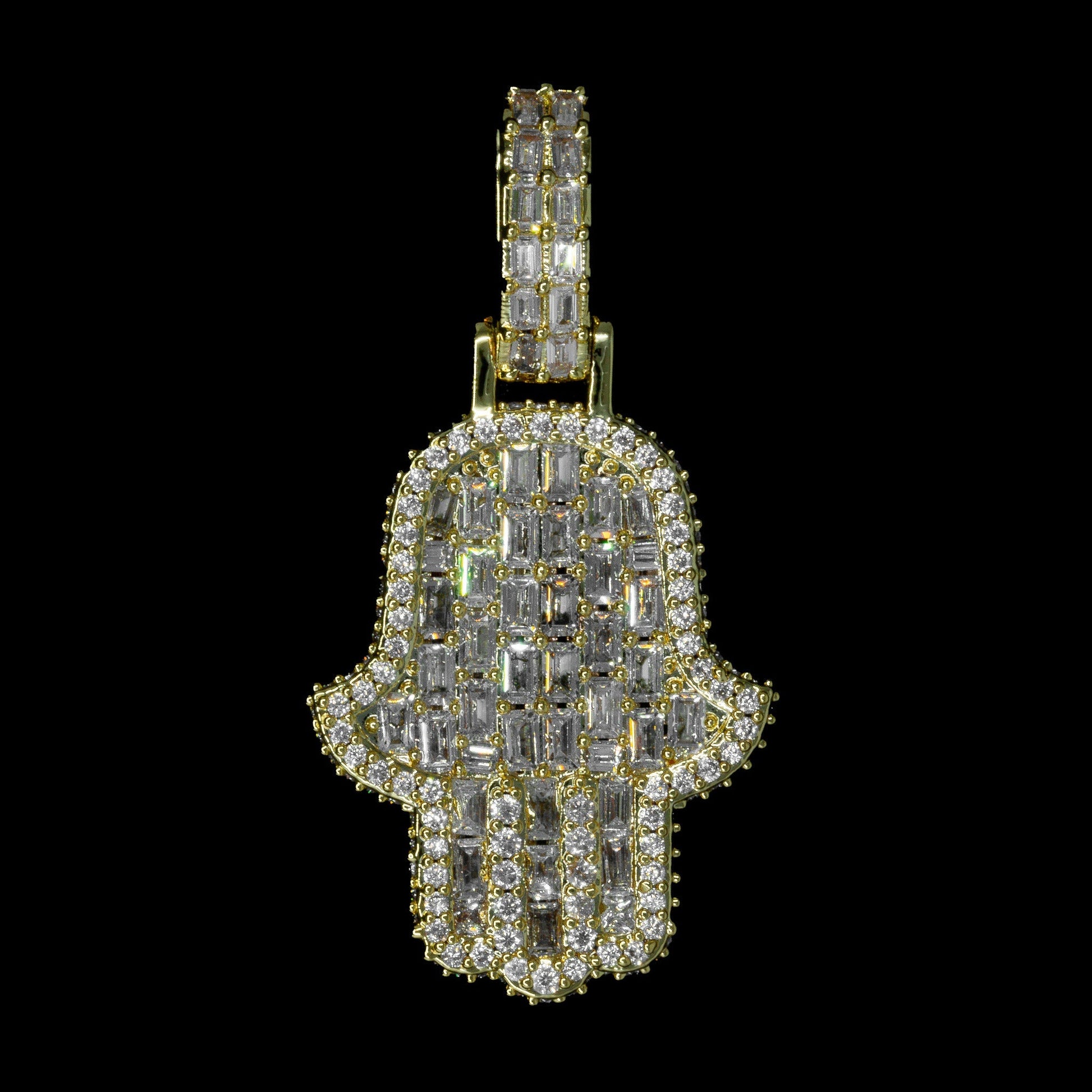 Iced Out Mini Diamond Emerald Hamsa Hand 18K Yellow Gold