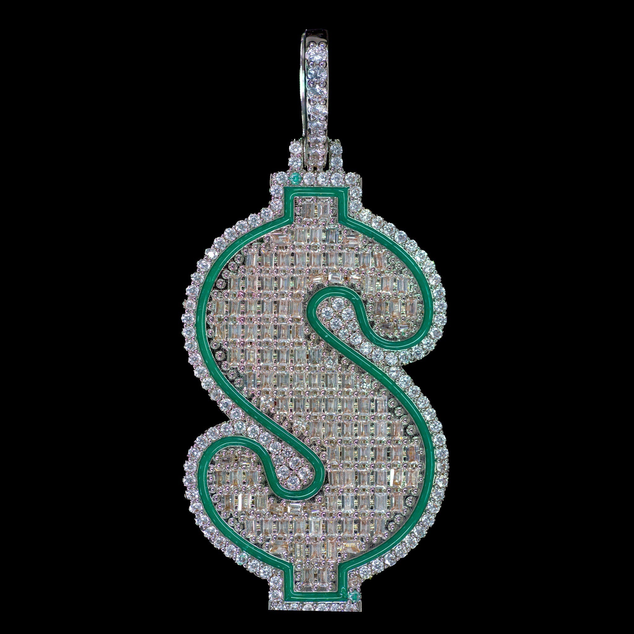 Iced Out Green Dollar Sign in White Gold