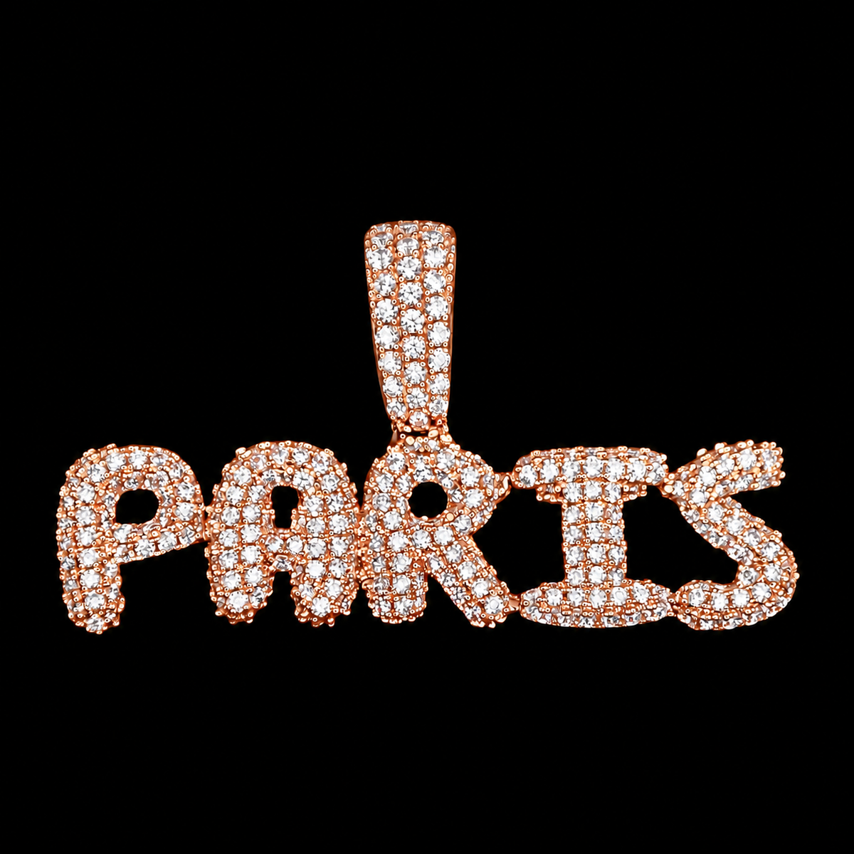 Paris Pendant in 18K Rose Gold with 5A Cubic Zirconia on a Black Background