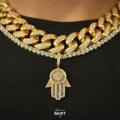 Iced Baguette Hamsa Hand Pendant in Yellow Gold