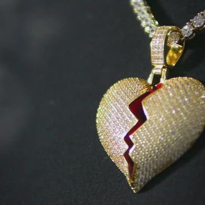 Iced Broken Heart Pendant in Yellow Gold
