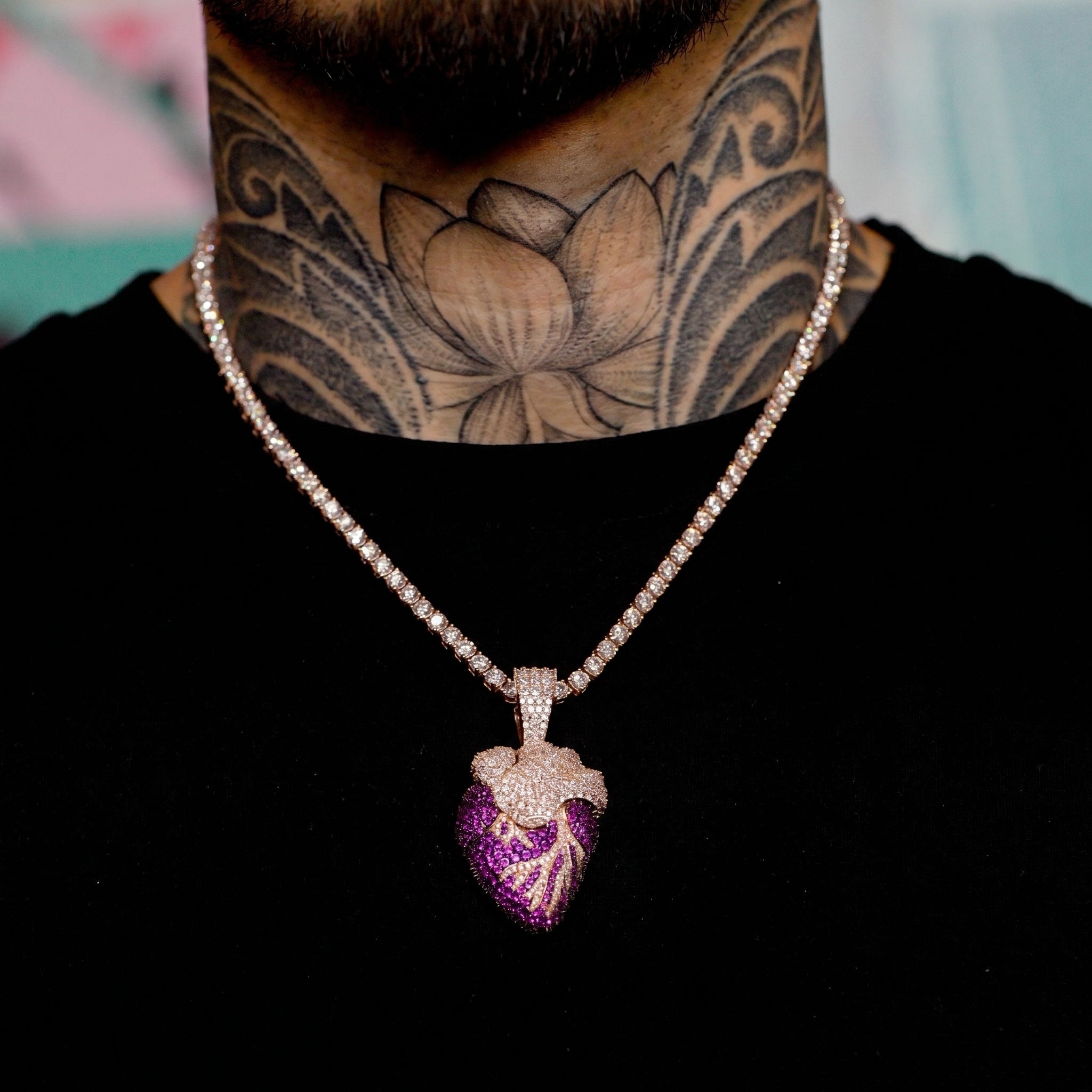 Iced Realistic Heart Pendant in Rose Gold