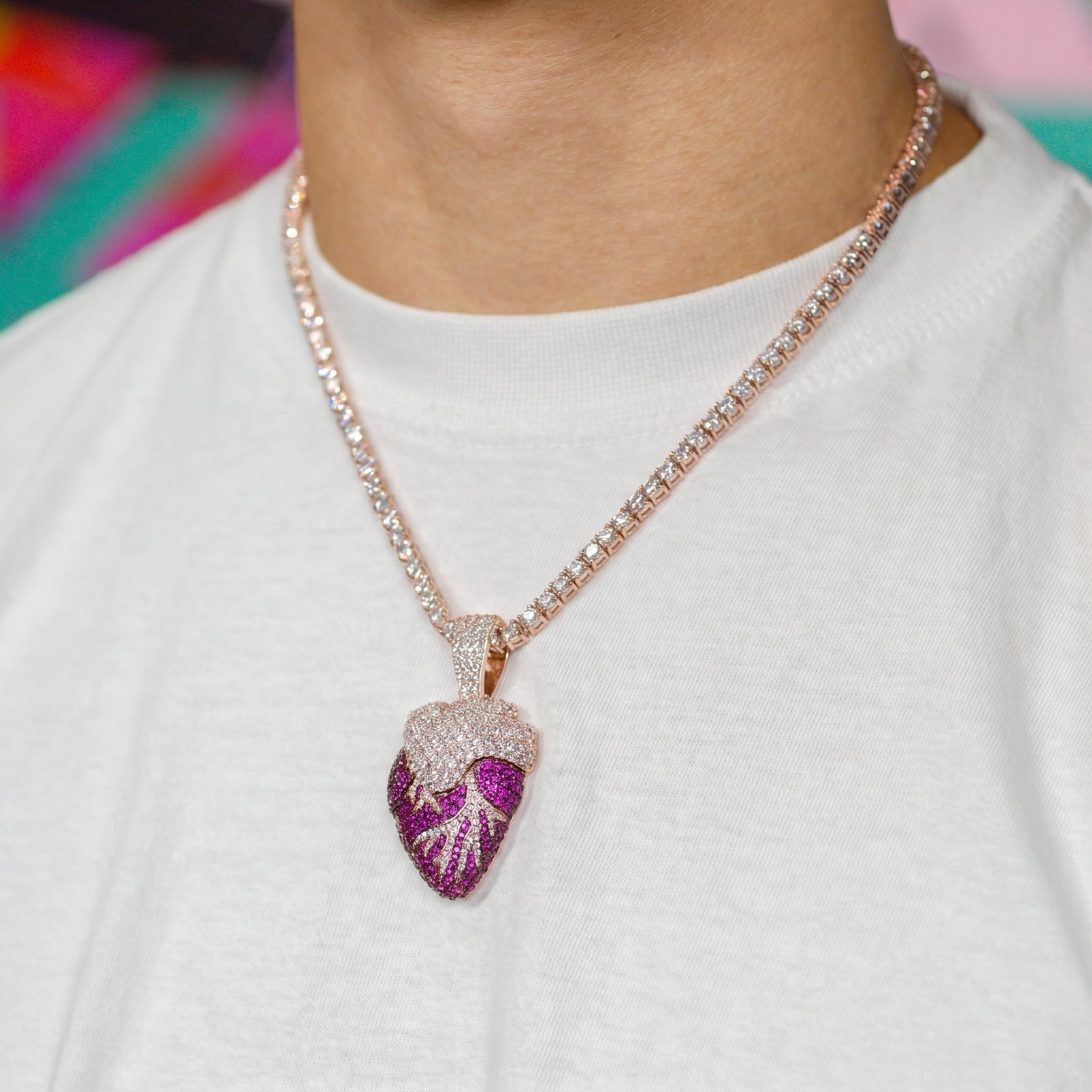 Iced Realistic Heart Pendant in Rose Gold