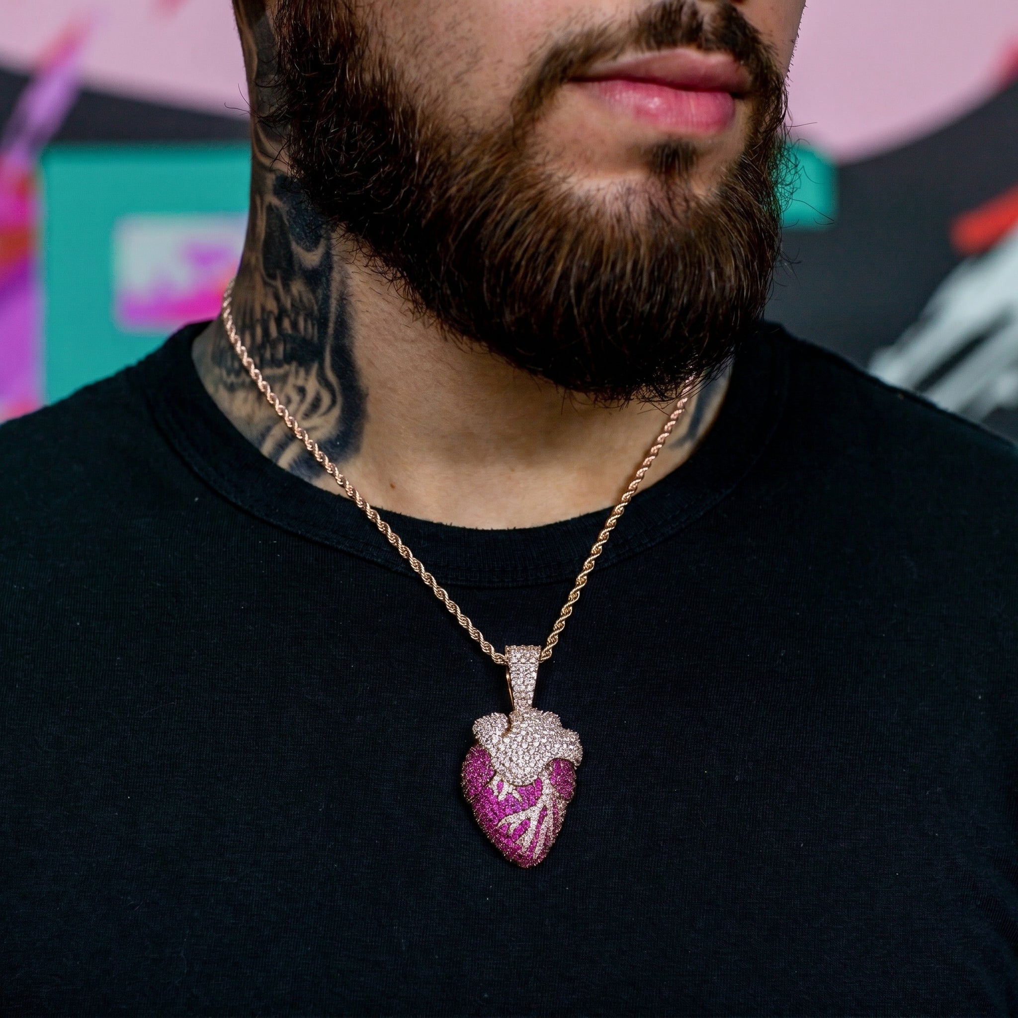 Iced Realistic Heart Pendant in Rose Gold
