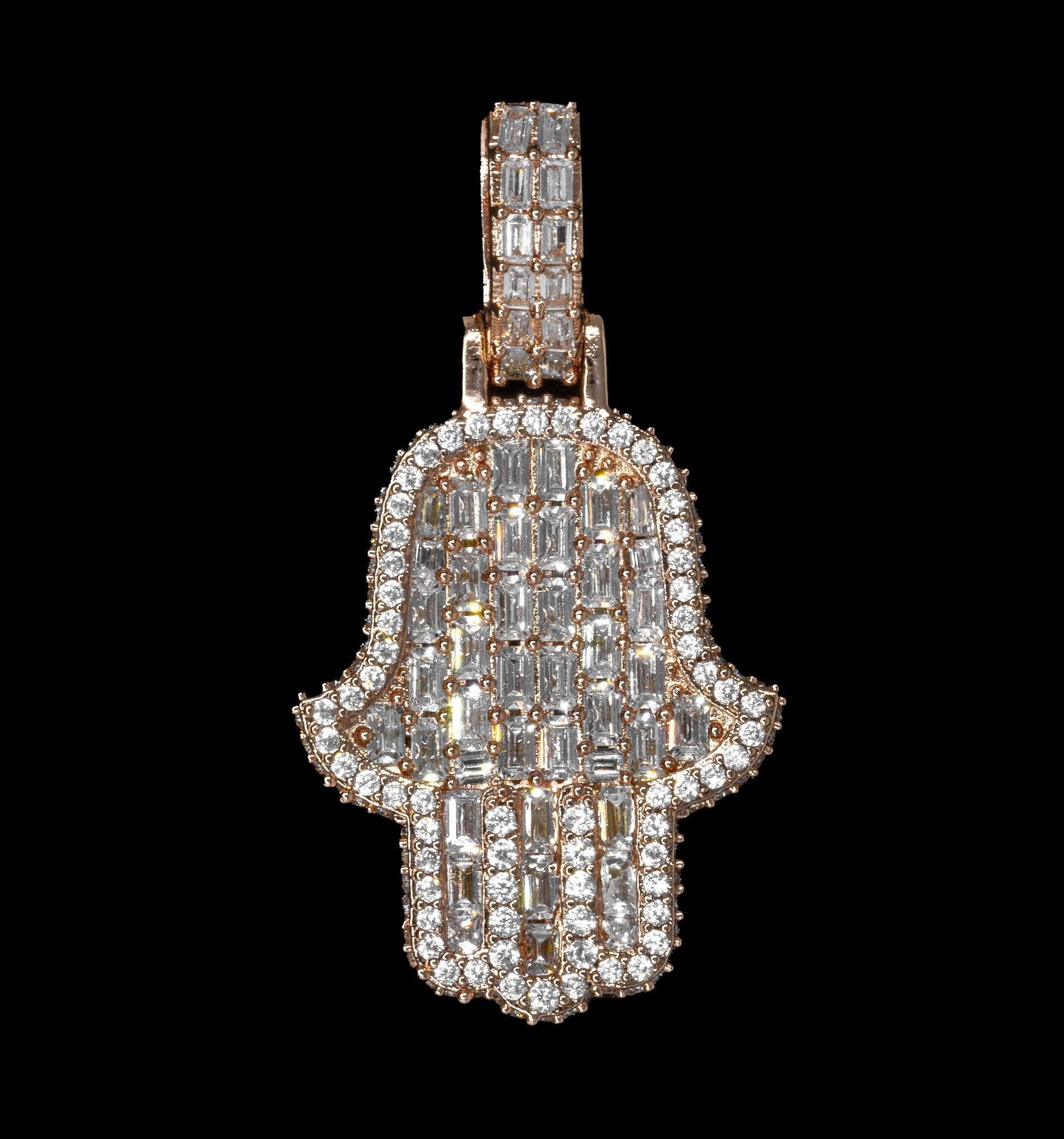 Iced Out Mini Diamond Emerald Hamsa Hand 18K Rose Gold