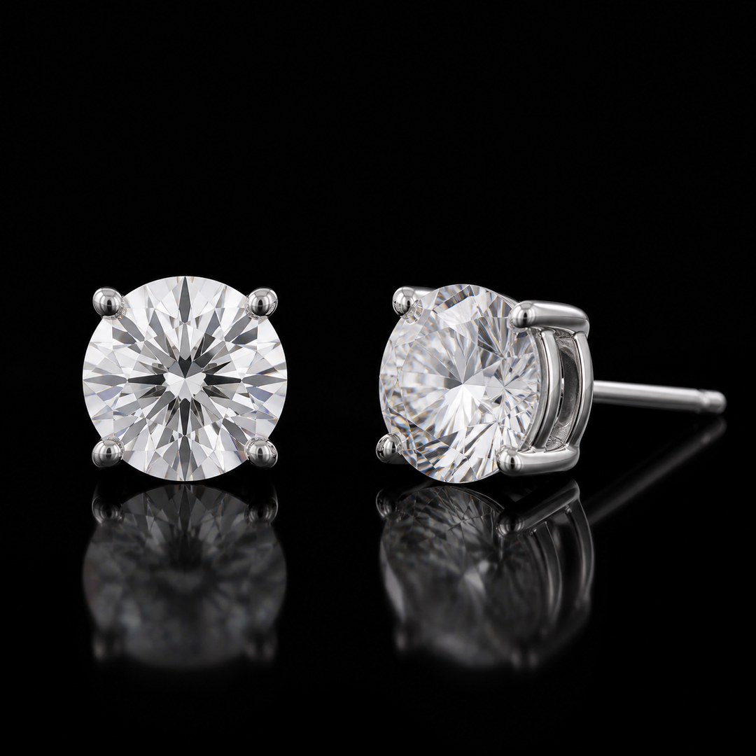 SKRT 5mm solid 925 sterling silver round CZ stud earrings, front and side view
