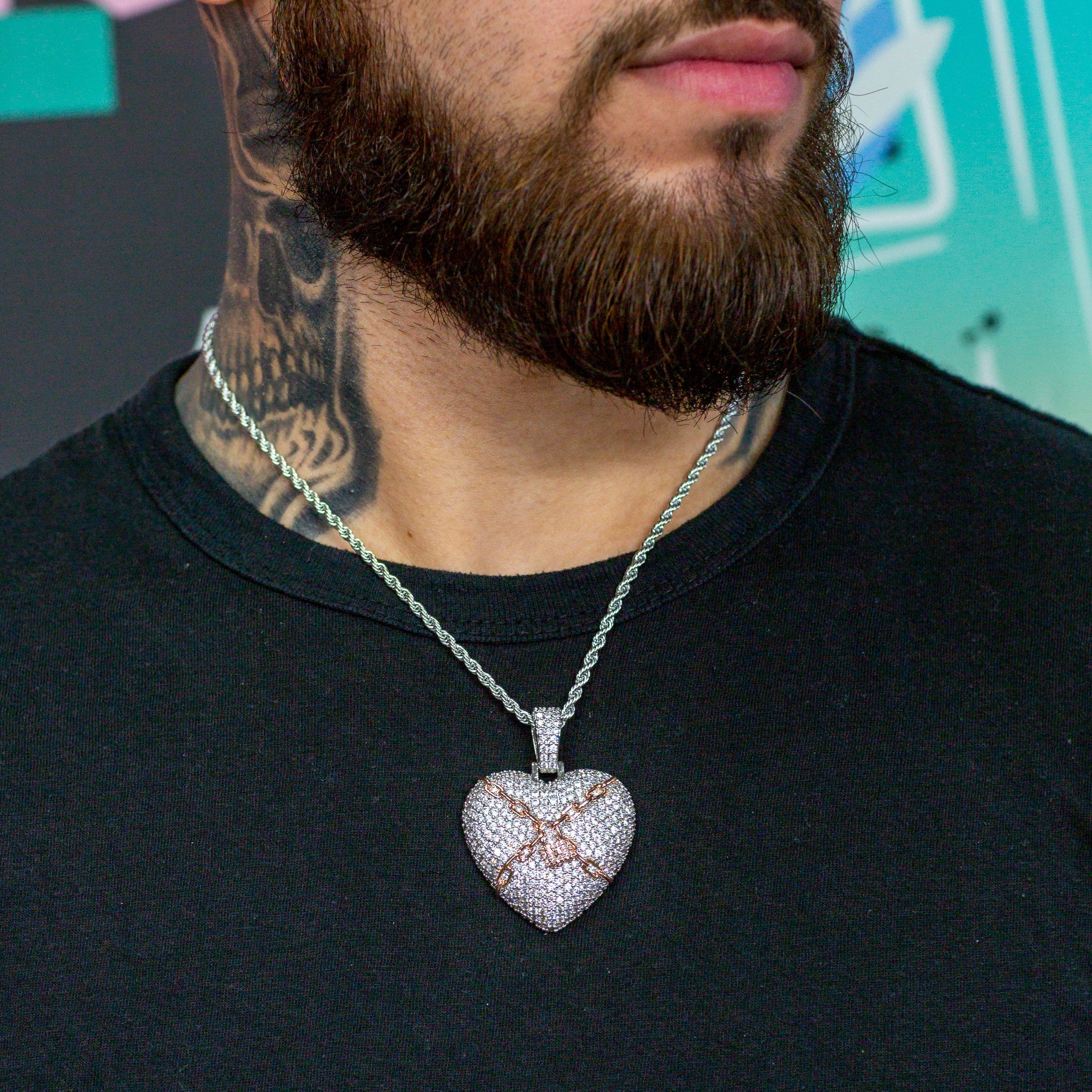 Iced Out White & Rose Lock Heart Pendant