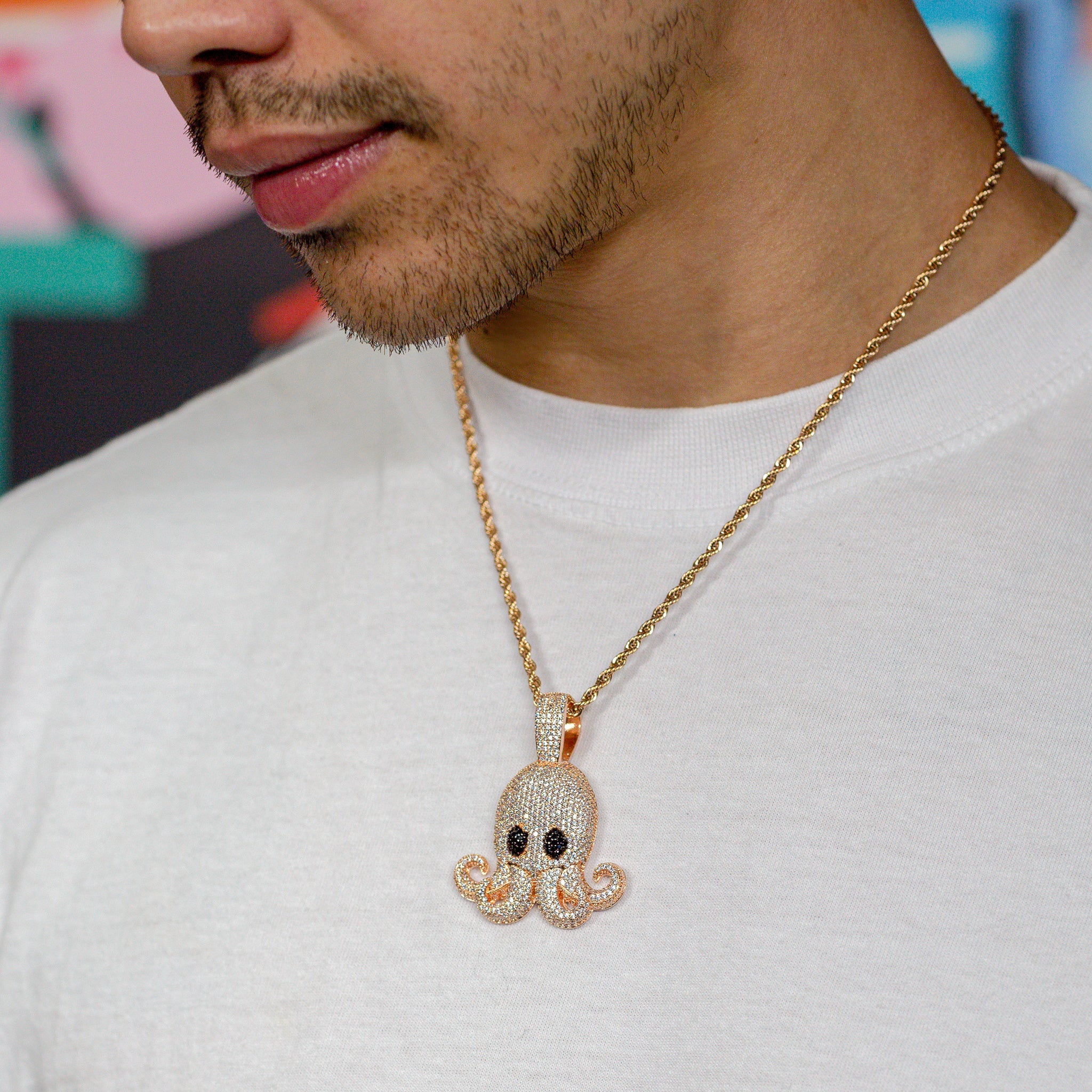 Iced Out Octopus Pendant in 18K Rose Gold