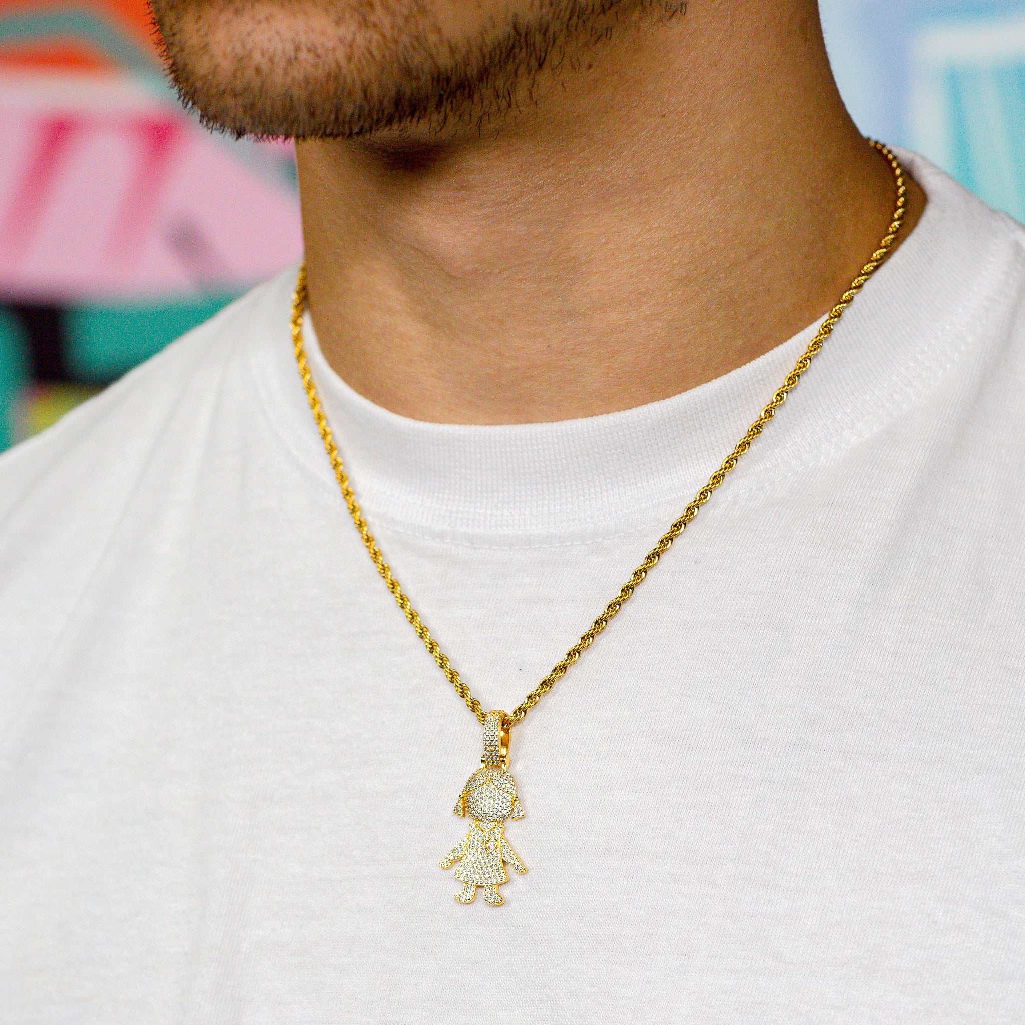 Iced Out Girl Pendant in 18K Yellow Gold