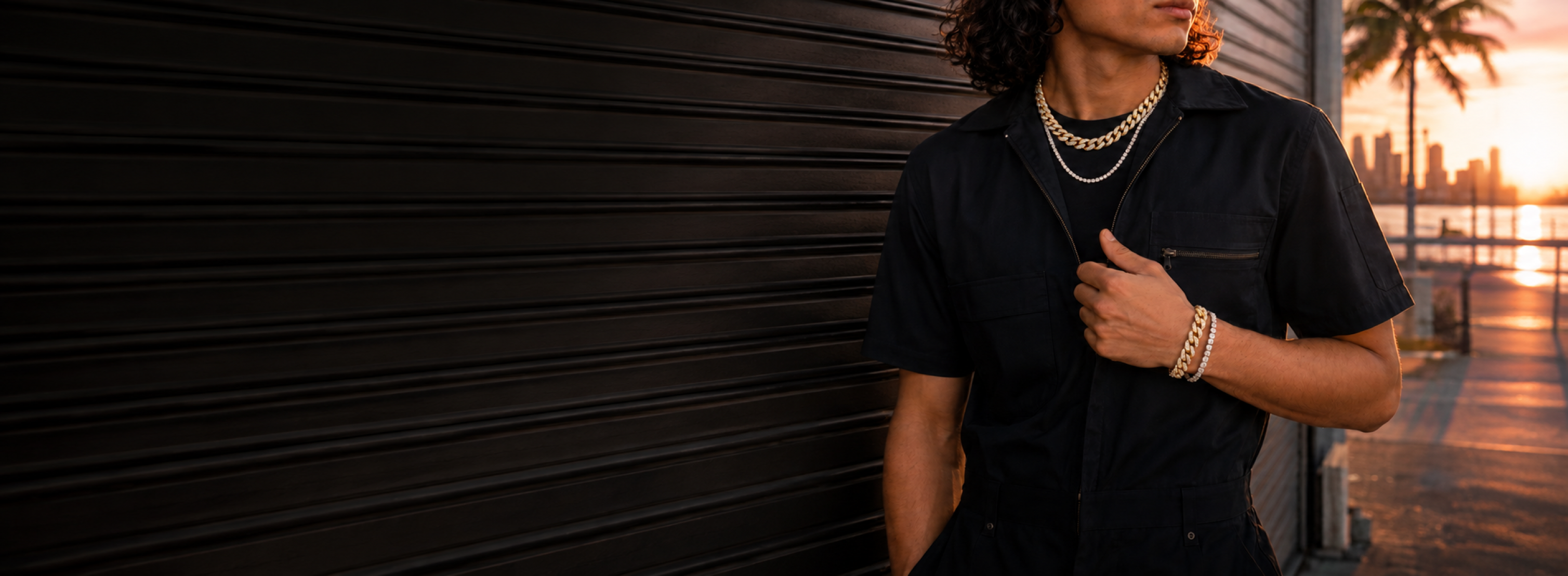 SKRT Labor Day campaign model wearing layered jewelry in Miami