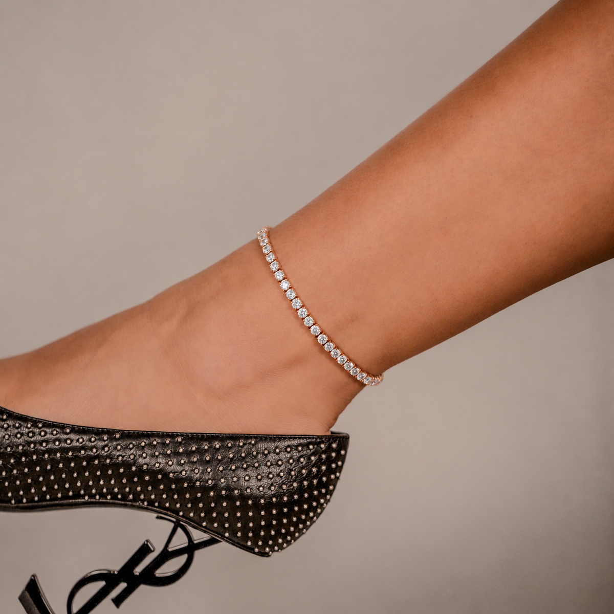 SKRT 3mm Tennis Anklet in Rose Gold shown on an ankle.