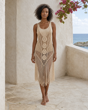 Beige / Natural Crochet Fringe Halter Mini Dress Cover-Up
