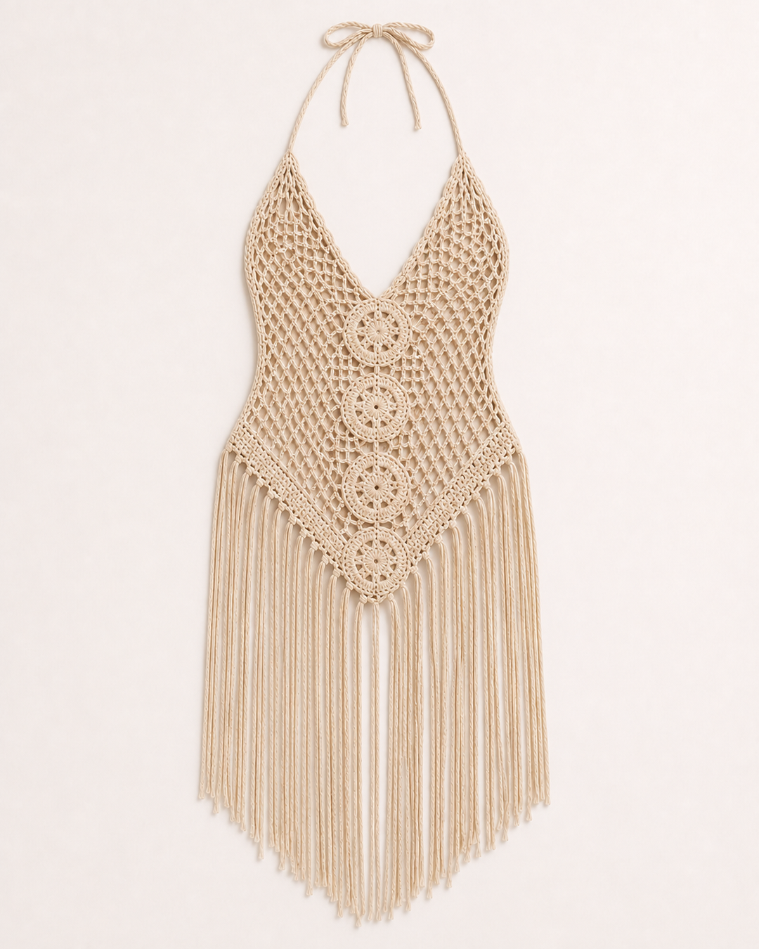 Beige / Natural Crochet Fringe Halter Mini Dress Cover-Up