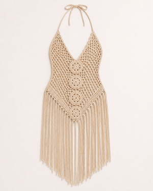 Beige / Natural Crochet Fringe Halter Mini Dress Cover-Up