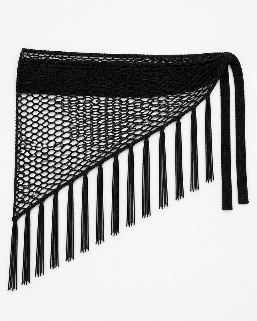 Black Fishnet Crochet Fringe Sarong Wrap