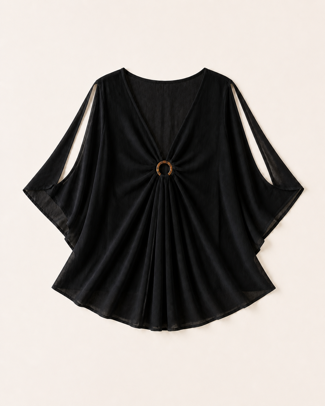Black Kimono Tunic Cover-Up with Wood Ring