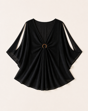 Black Kimono Tunic Cover-Up with Wood Ring