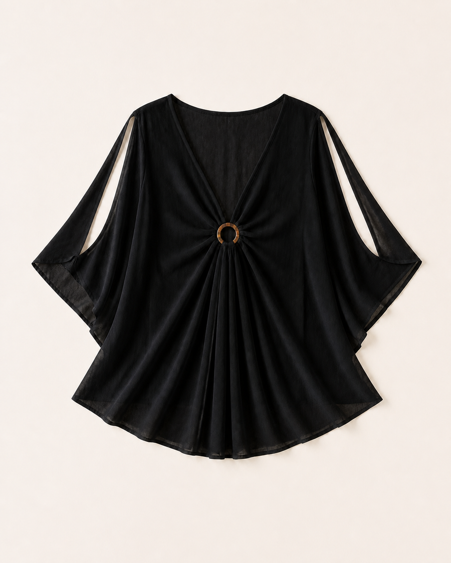 Black Kimono Tunic Cover-Up with Wood Ring